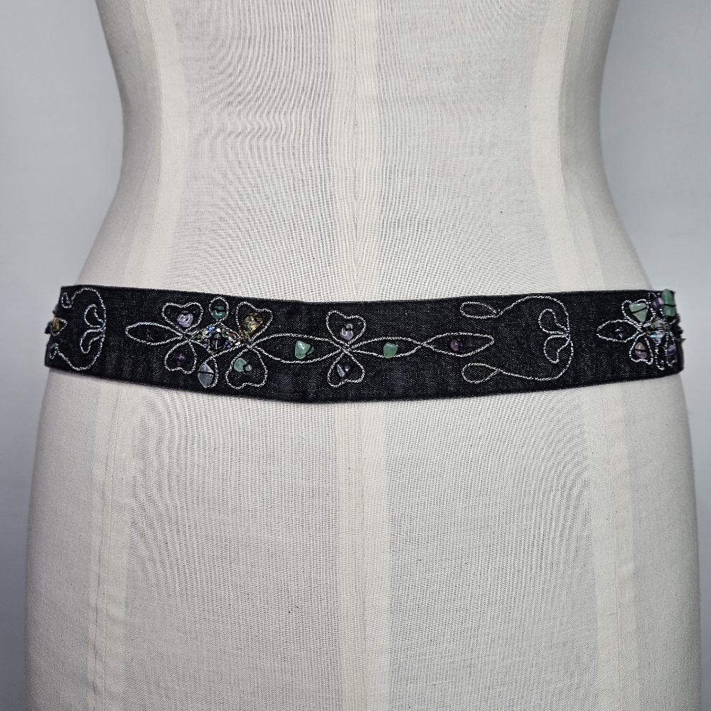 Belt 40-50" Vintage Black Denim Gemstone Embroidered Grosgrain Ribbon Wrap Tie - Picture 3 of 10